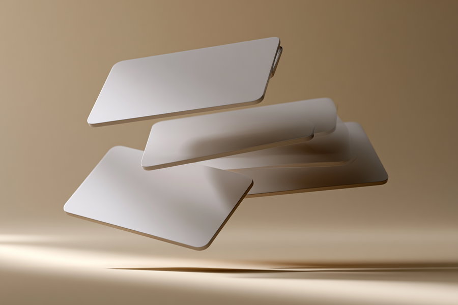 Abstract digital artwork depicting six smooth, rounded rectangular panels floating in a beige environment with soft lighting and shadows