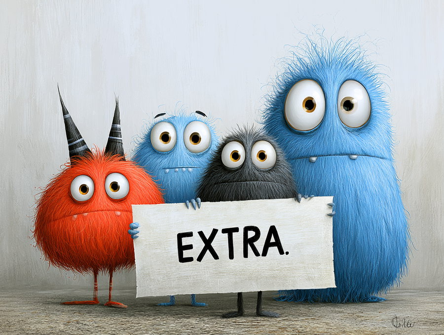 Four colorful furry creatures with large eyes standing on a textured floor, one holding a white rectangular sign with the word EXTRA.