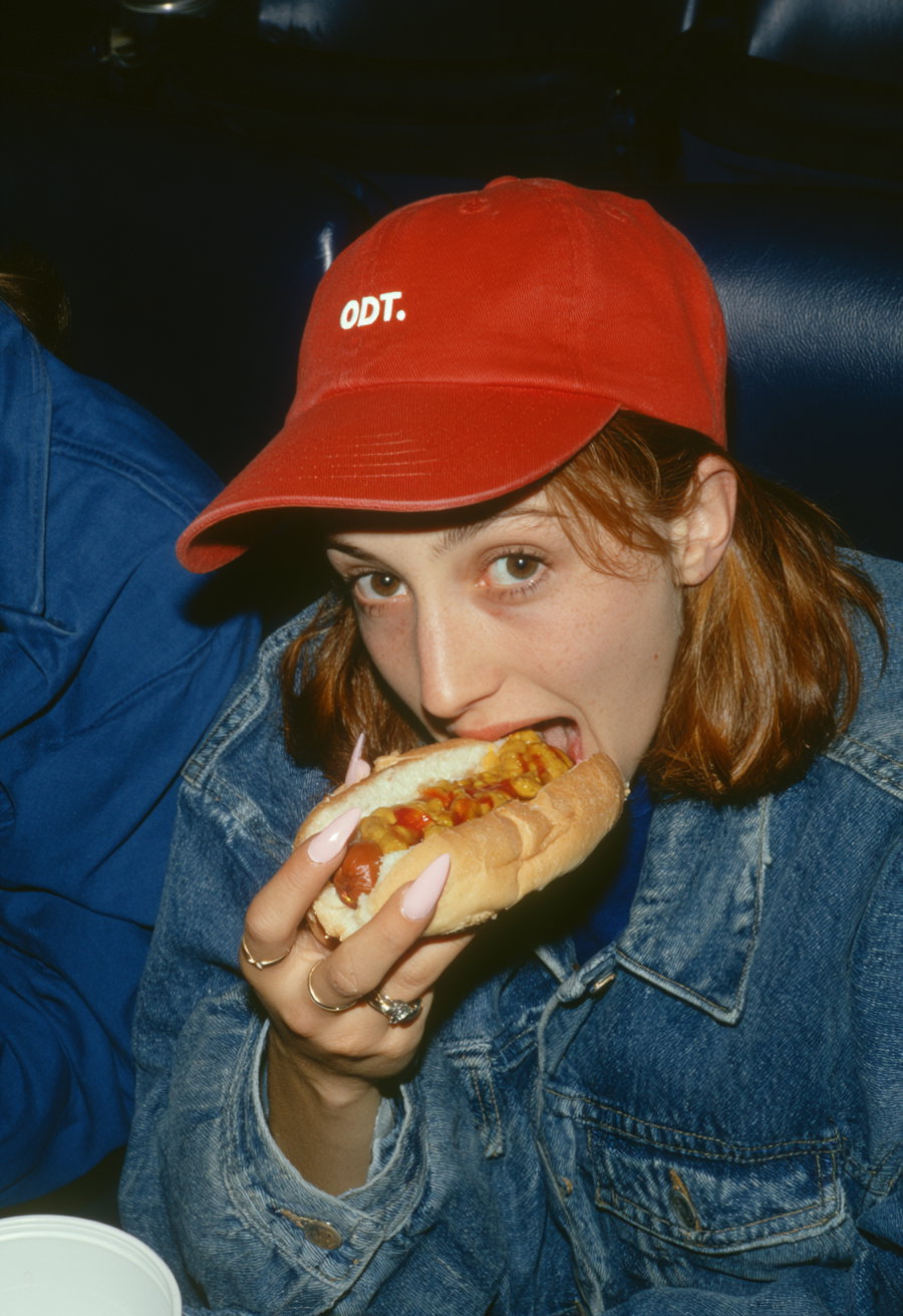 Close-up photo of a young woman wearing a red cap and denim jacket, holding and eating a hot dog topped with mustard and ketchup