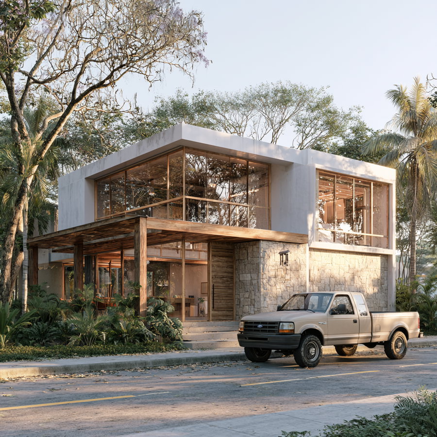Modern two-story house with glass windows, wooden and stone exterior details, surrounded by trees and plants, and a parked beige pickup truck in front