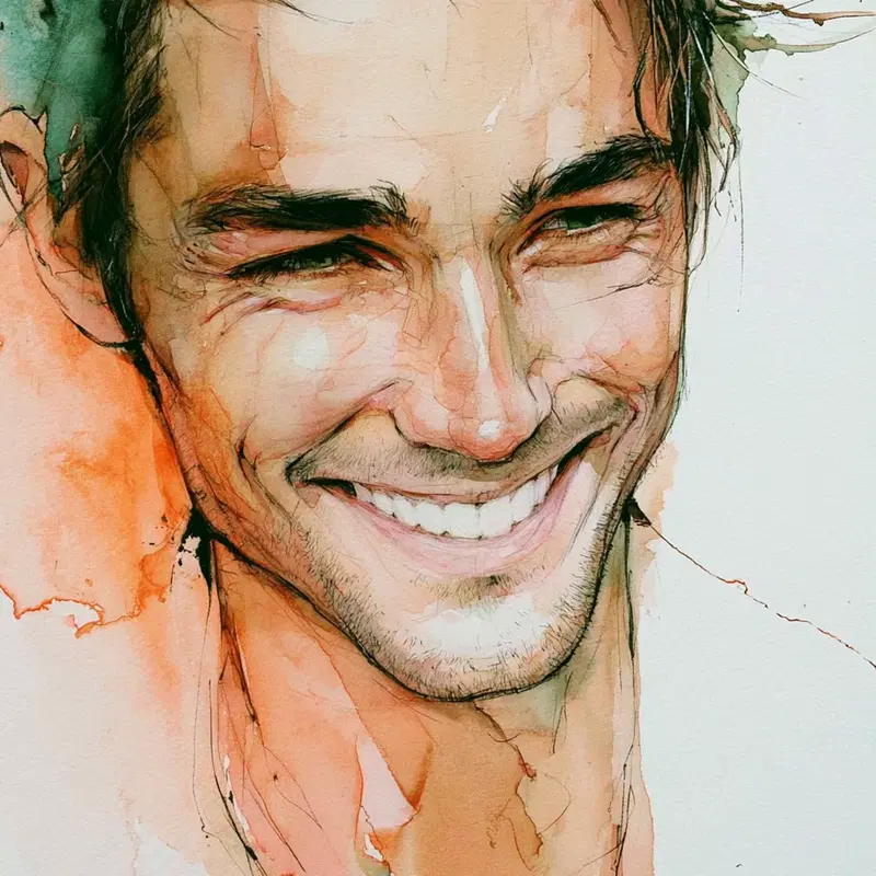 Watercolor and ink artistic portrait of a smiling man with textured details