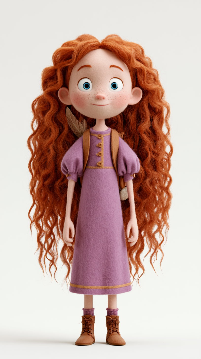 A 3D character of a young girl with long, curly red hair, wearing a purple dress with puff sleeves, brown boots, and a backpack against a plain white background.