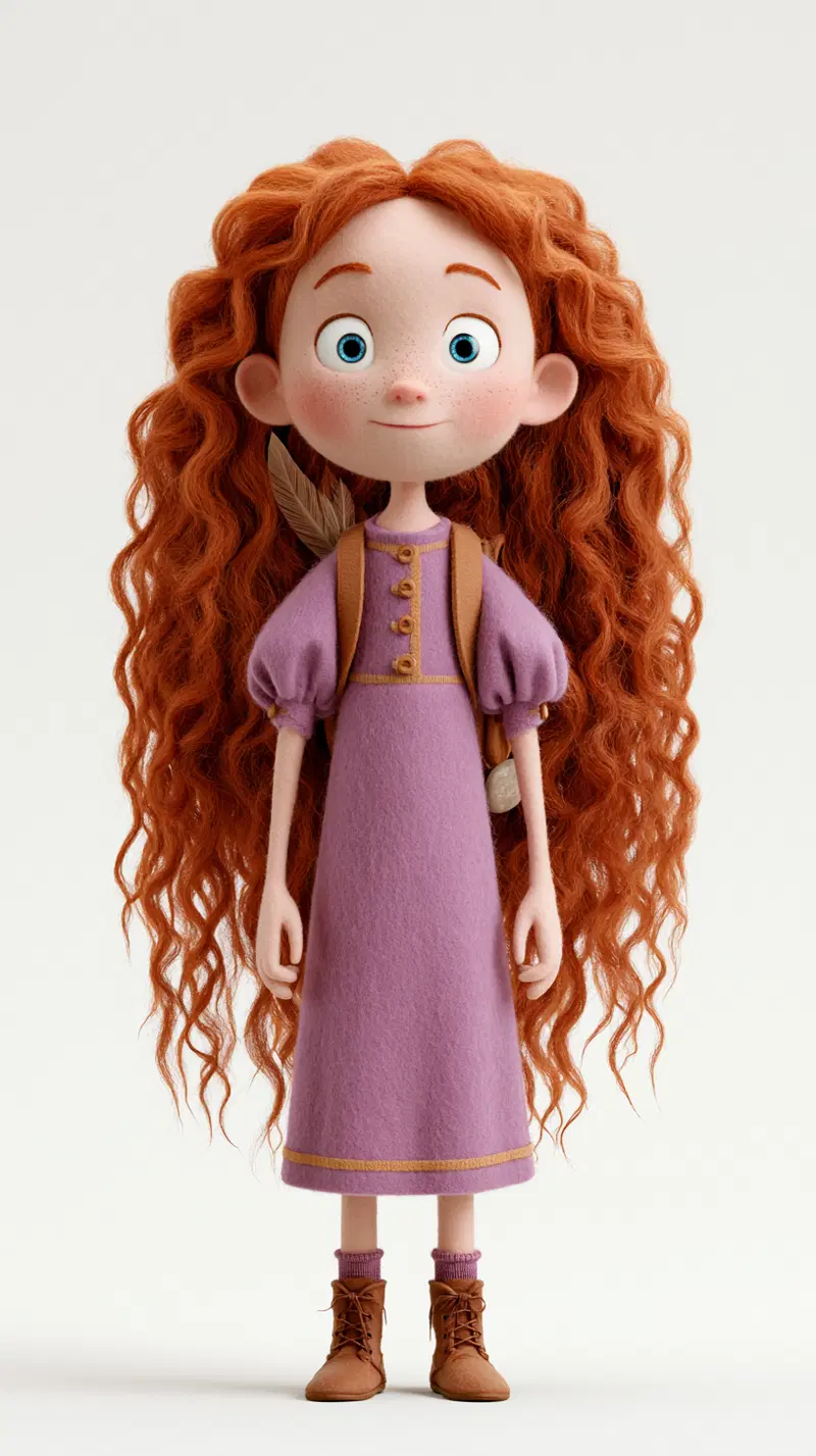 3D Character Design of a Young Girl with Long Curly Red Hair in Purple Dress