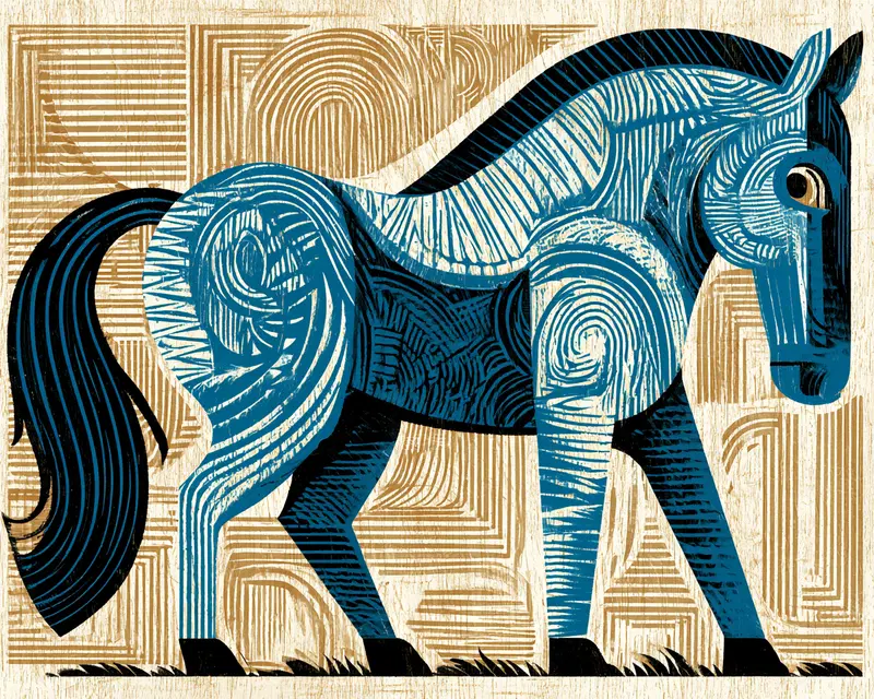 Stylized Horse Illustration with Blue and Brown Textured Patterns
