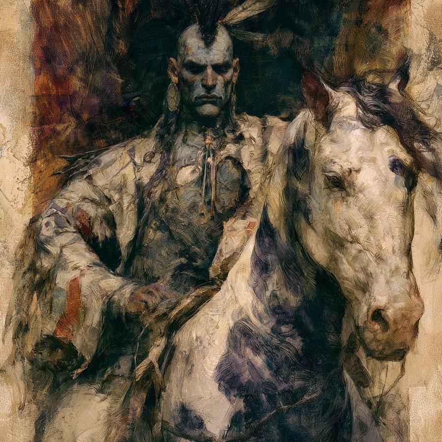 A detailed painting showing a stern man with a mohawk, dressed in worn clothing, riding a spotted horse against a textured, earthy background