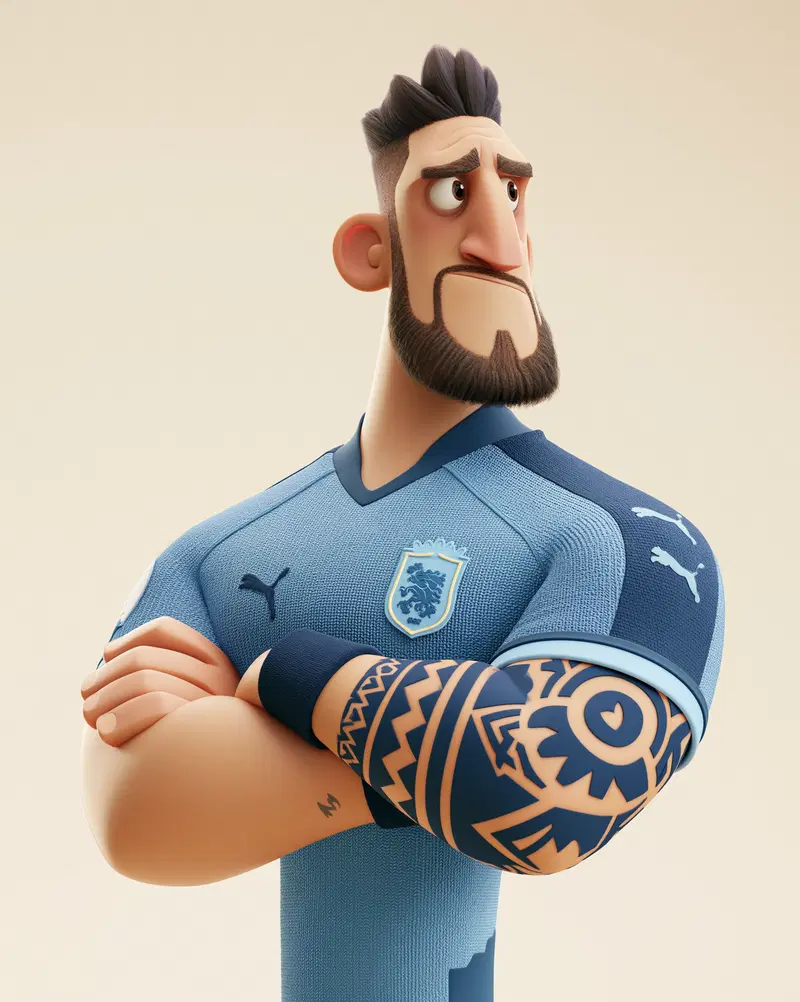 Stylized Character Design of a Man Wearing a Blue Sports Jersey with Tattoos