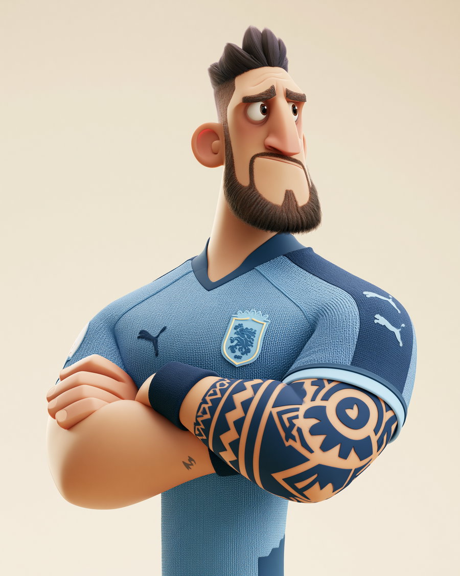 A 3D stylized character with a short beard and mohawk hairstyle, wearing a blue sports jersey with a lion emblem, and sporting a full arm tattoo sleeve and wristbands.