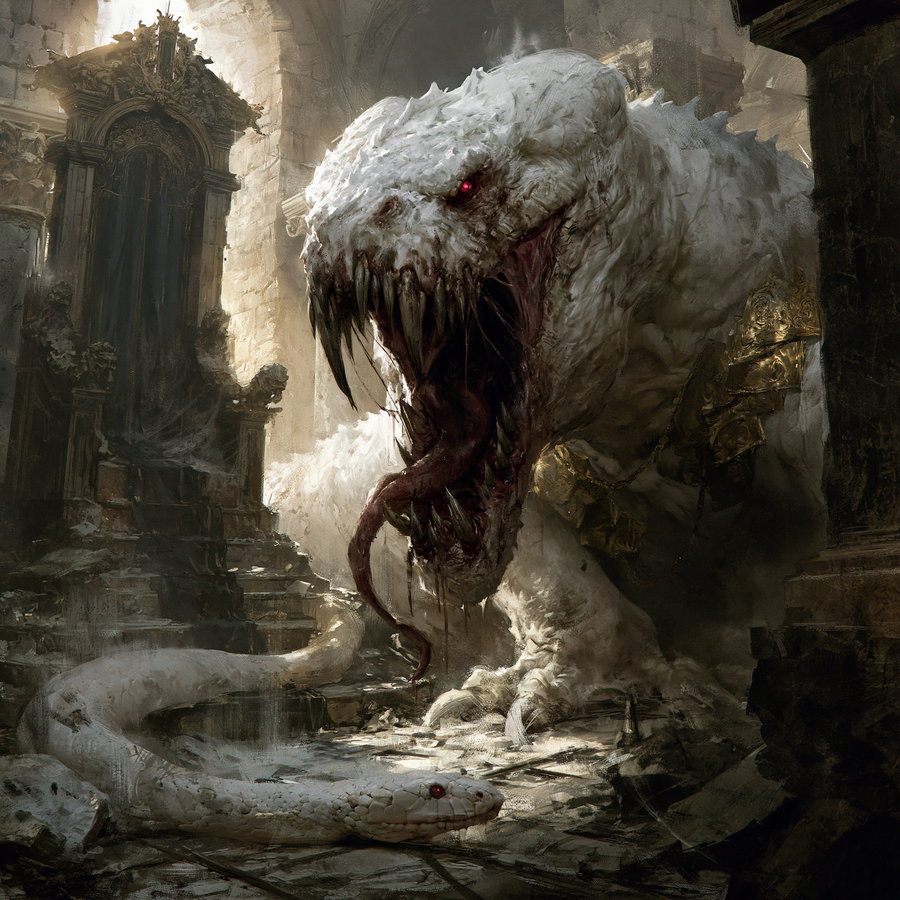 A detailed digital painting of a monstrous white creature with sharp teeth and a long tongue facing a large white snake on a ruined stone floor with ancient pillars and arches in the background