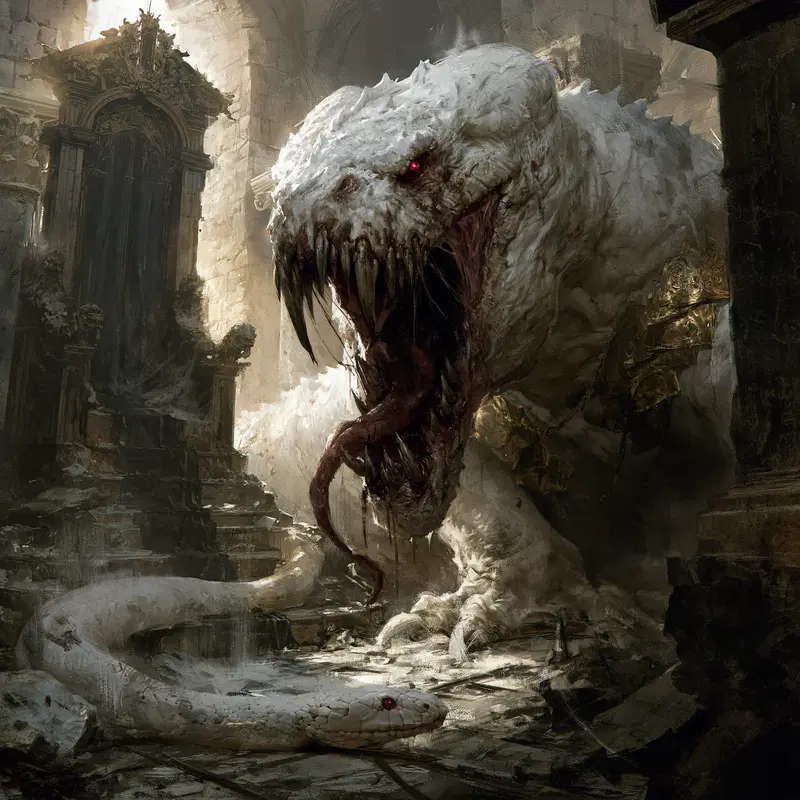 Dark fantasy concept art depicting a monstrous creature confronting a large white snake in ancient ruins
