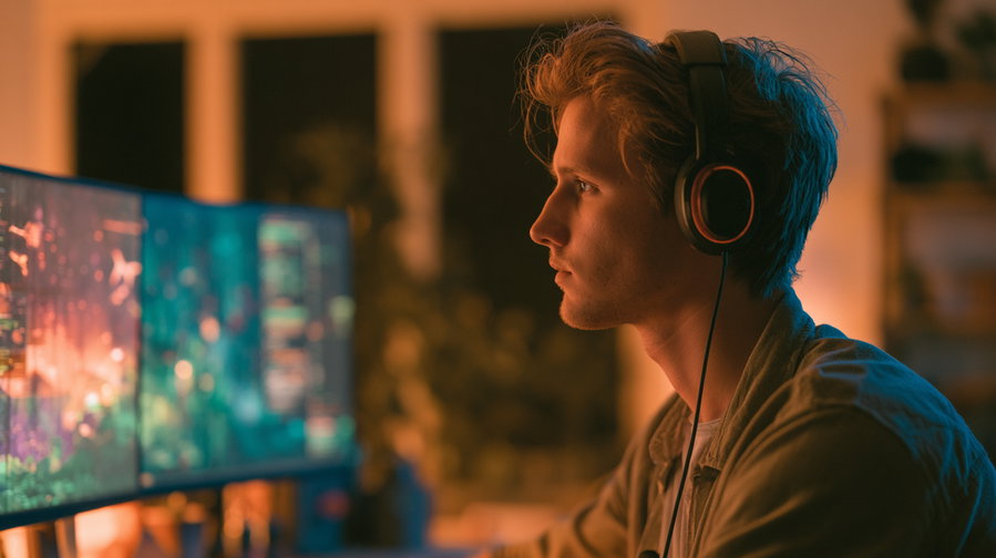 A young man wearing headphones, looking intently at two computer monitors displaying colorful digital artwork in a warmly lit room