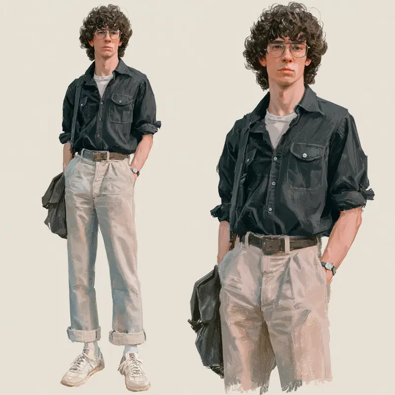 Digital portrait of a young man in casual vintage-style clothing and glasses