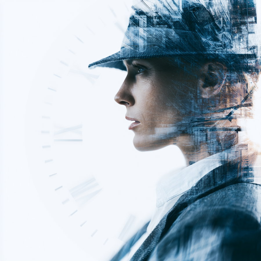 Profile of a woman wearing a hat with a double exposure effect combining city buildings and a clock face