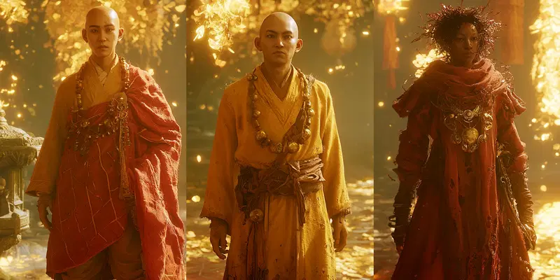 Three uniquely styled characters in detailed fantasy monk-inspired costumes
