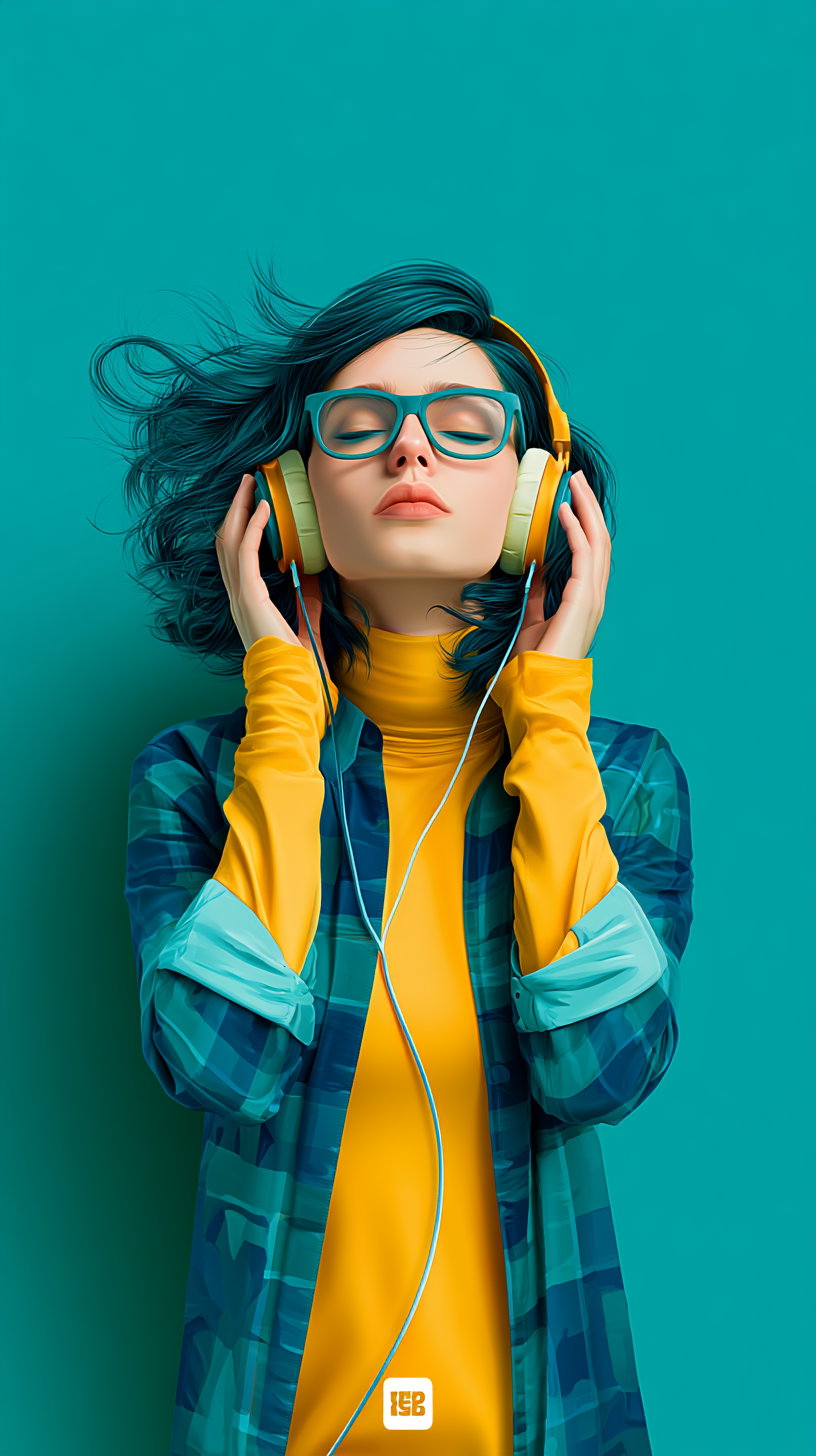 Digital portrait of a young woman with closed eyes wearing glasses, yellow headphones, yellow turtleneck, and a blue plaid shirt against a teal background