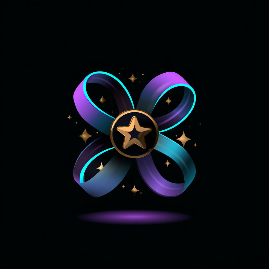 A glowing digital illustration featuring a central gold star emblem encircled by a luminous looped ribbon in shades of purple and blue, set against a black background with small golden sparkles and a purple reflection below