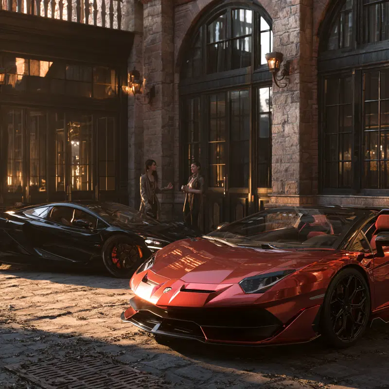 Luxury modern sports cars in front of detailed stone building with large windows