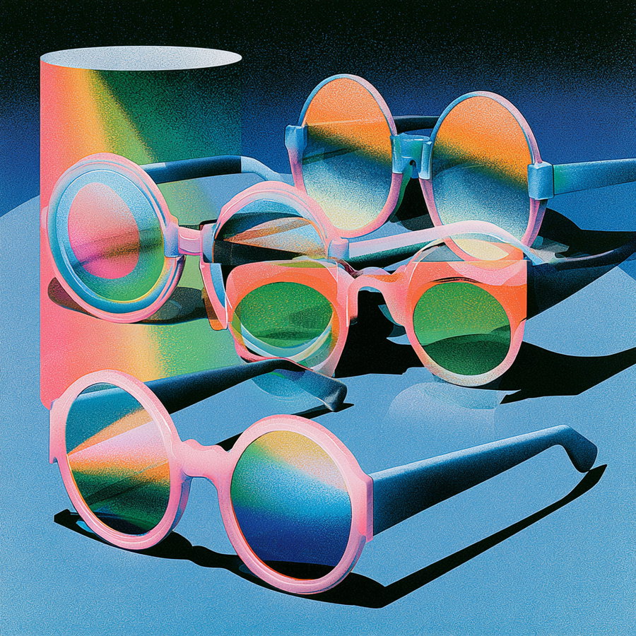 Digital artwork showing several colorful sunglasses with rainbow reflections placed on a blue table with shadows
