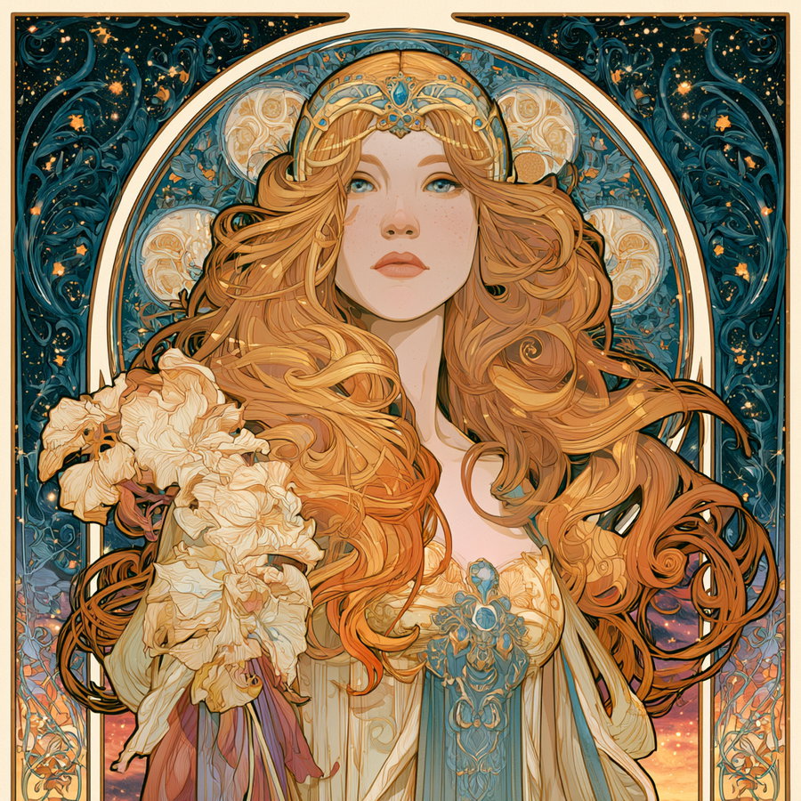 An artistic portrait of a woman with long flowing red hair, wearing an elaborate crown and holding large pale flowers, against a detailed decorative background.
