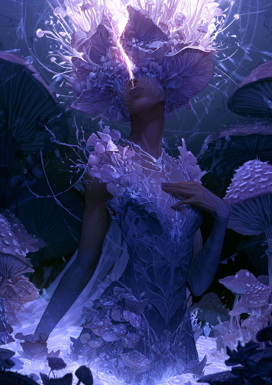 A woman surrounded by glowing mushrooms wearing a detailed dress and large headpiece made of luminous fungi, with bluish-purple tones and a magical atmosphere
