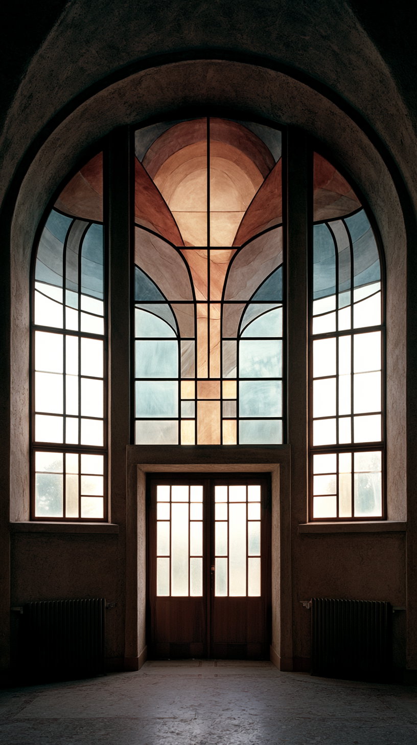 Interior view of a large arched window with stained glass featuring abstract geometric patterns in shades of orange, blue, and beige, flanked by two smaller arched windows and a double wooden door beneath
