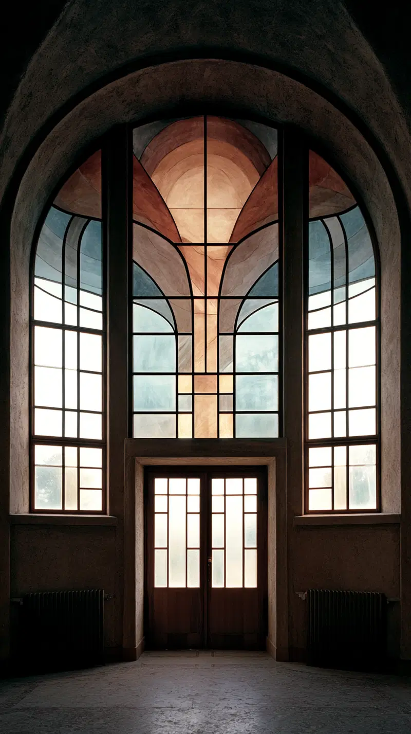 Elegant arched stained glass windows with abstract warm and cool tones