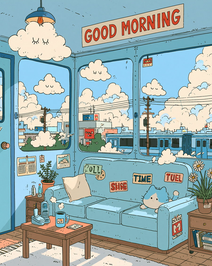 Illustration of a blue-themed cozy room with a blue couch, cloud-shaped lamp and decor, a small table with a mug and phone, plants, and a window showing a train and buildings under a blue sky with fluffy clouds