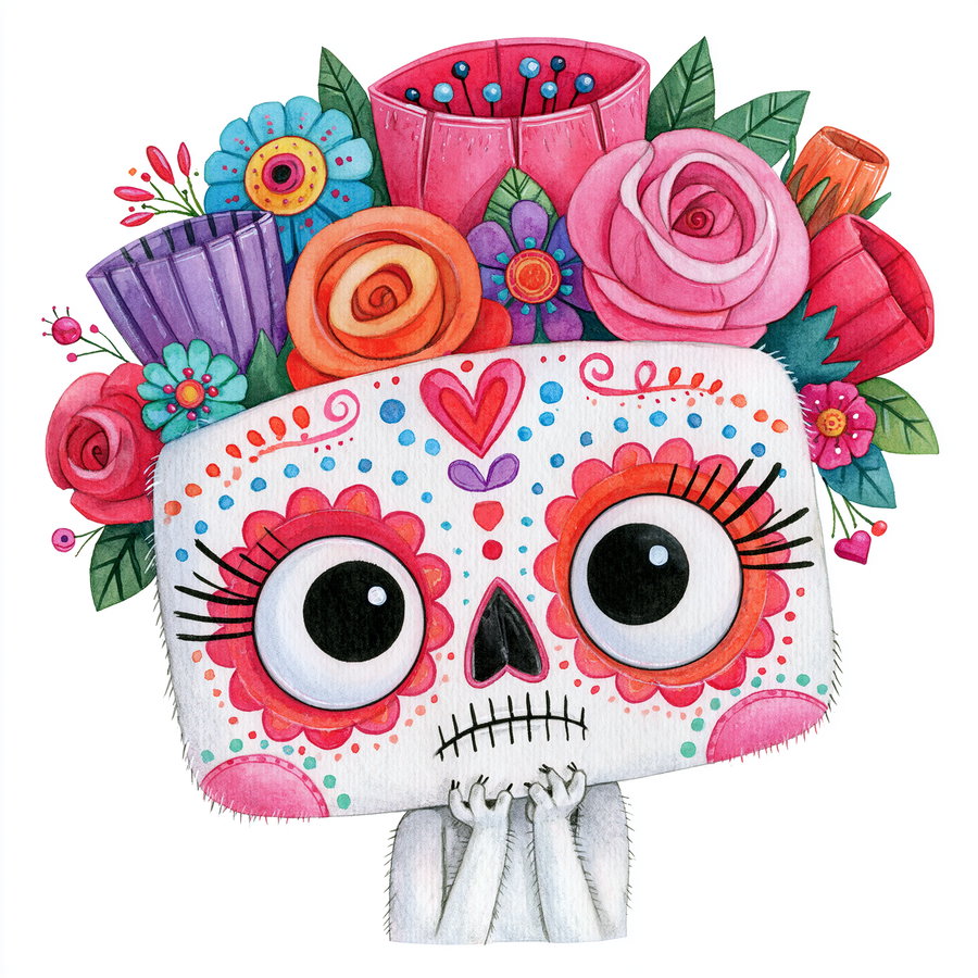 Watercolor illustration of a cute character with a skull face painted with colorful patterns, big eyes, and flowers on top of its head