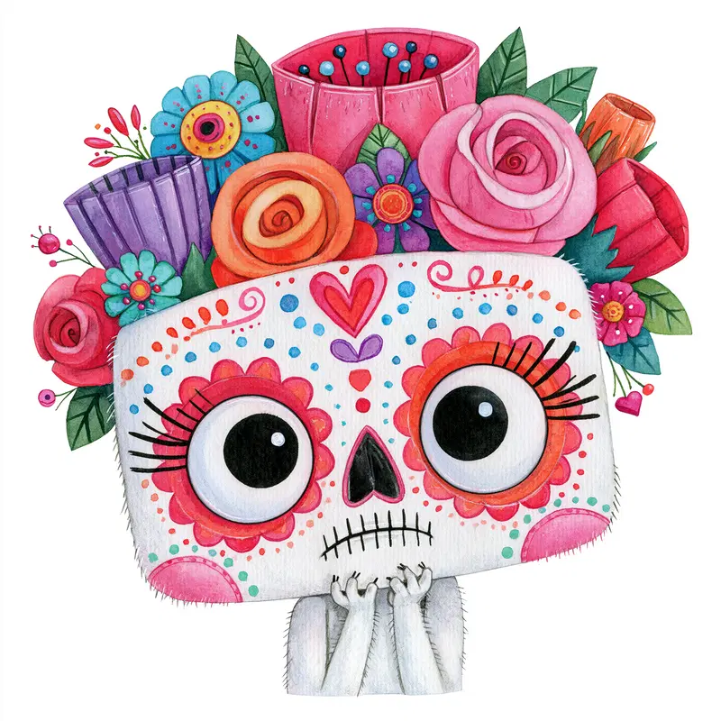Colorful Day of the Dead Character with Flowers in Watercolor Style
