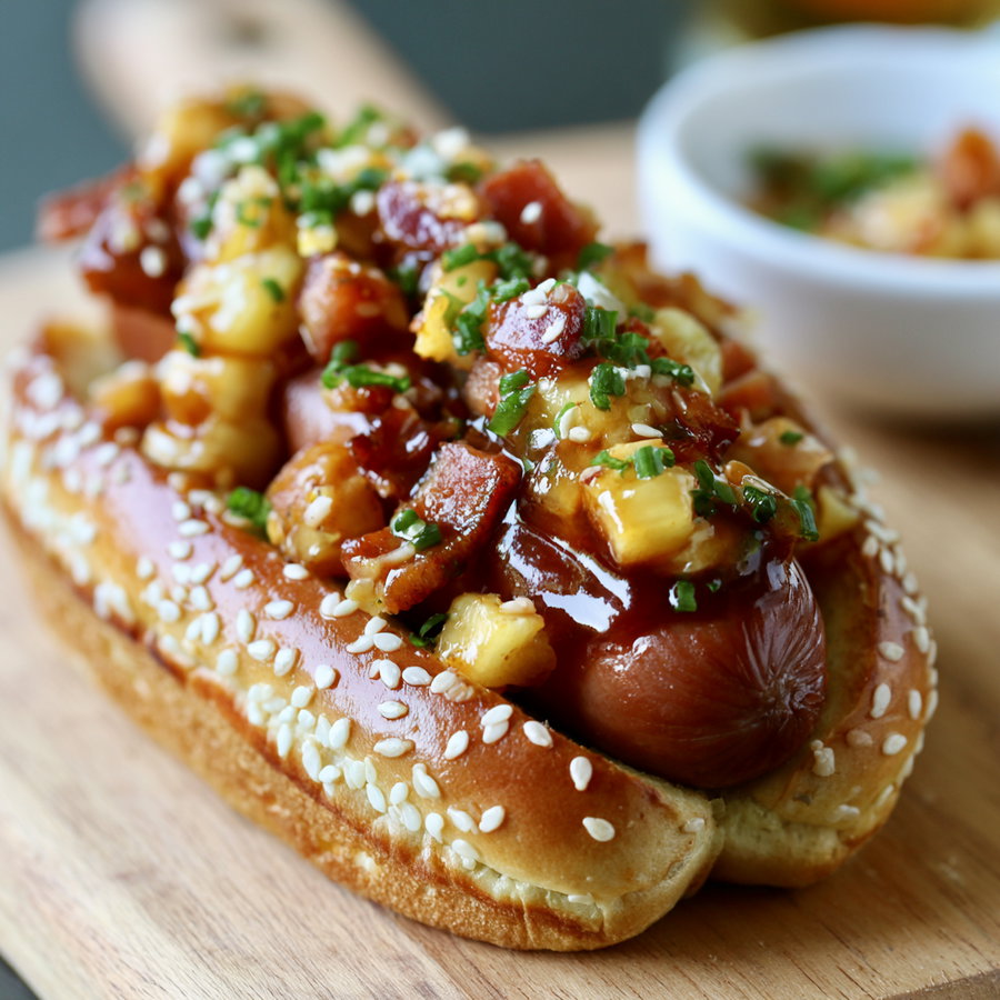 A close-up photo of a sesame seed bun hot dog topped with diced pineapple, bacon bits, chopped herbs, and a glossy sauce on a wooden surface with a blurred bowl in the background