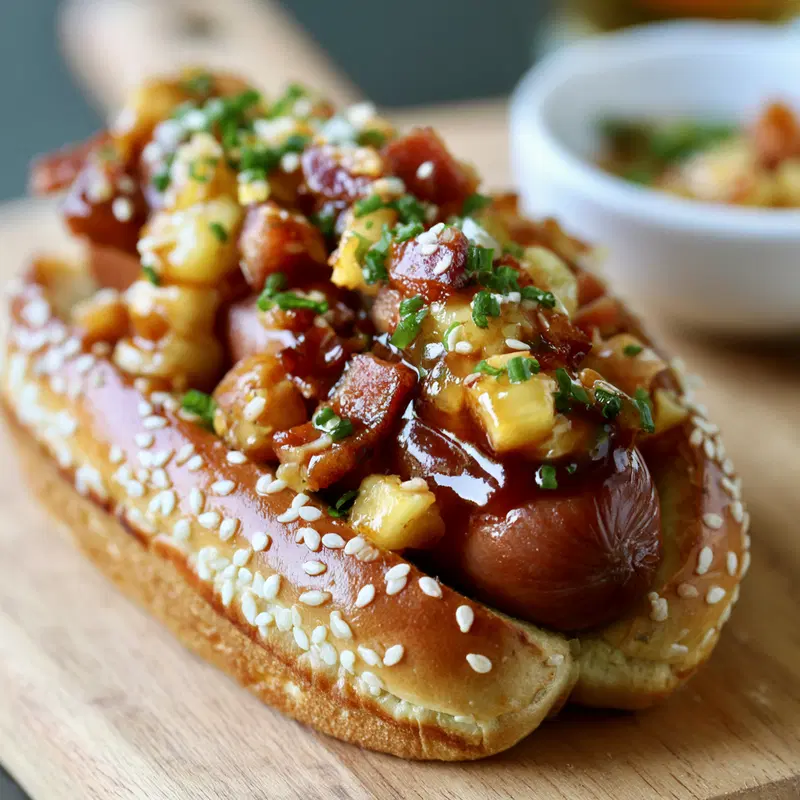 Close-up of a gourmet hot dog with toppings on a wooden board