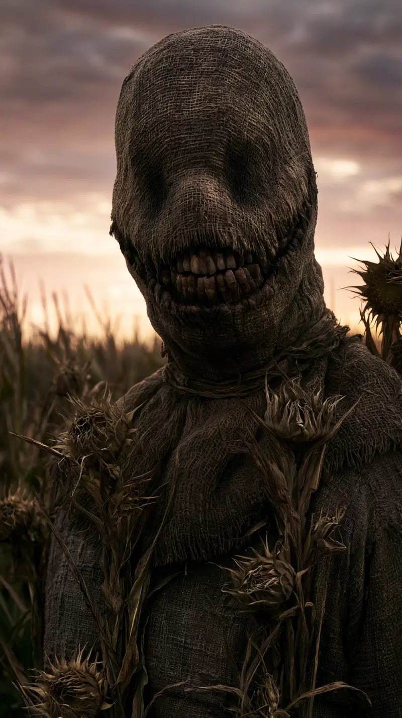 Dark haunting figure in a burlap sack mask with eerie grin among dried plants