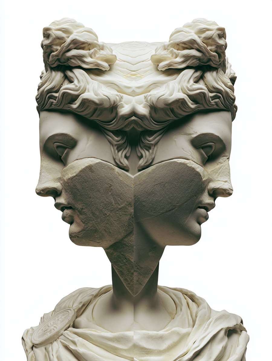 Marble sculpture featuring two classical profile faces joined at the center, with detailed hair and draped clothing