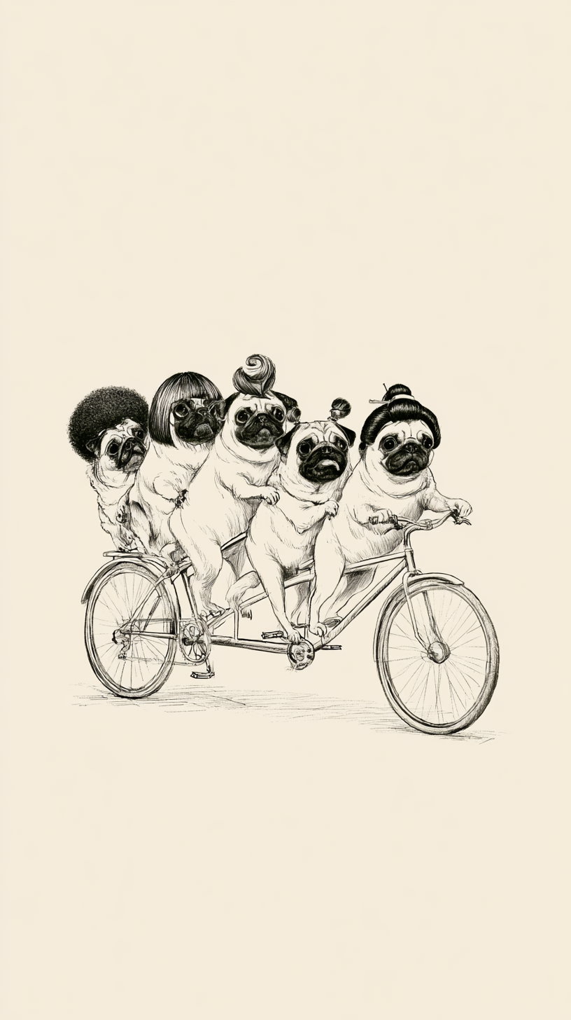 Black and white drawing of five pugs with various hairstyles, positioned on a tandem bicycle with five seats, against a plain background