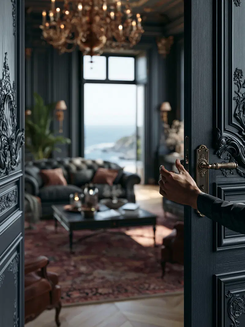 Luxurious elegant living room interior with ocean view through ornate door