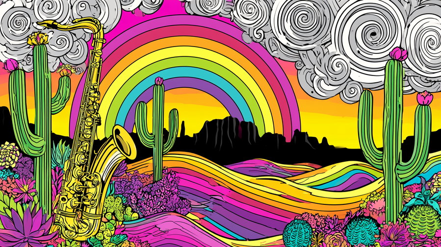 Illustration featuring vibrant desert plants, green cacti with pink flowers, a golden saxophone, swirling gray clouds, a rainbow, and multicolored wavy hills against a yellow and orange sky