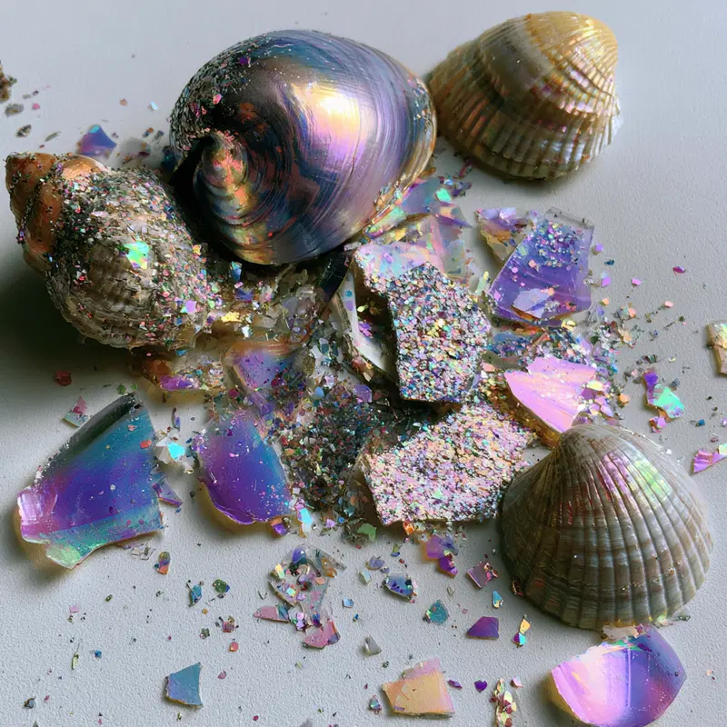Close-up of iridescent seashells and colorful shattered glass pieces on white surface