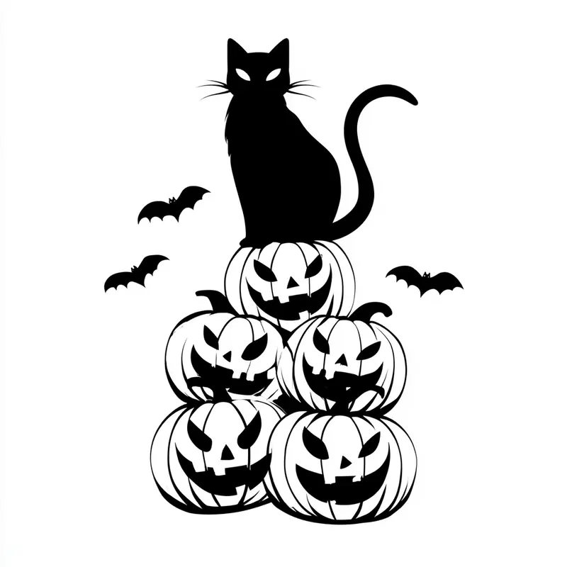 Black cat sitting on a stack of carved Halloween pumpkins with bats flying
