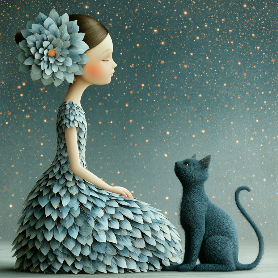 A digital artwork of a girl with closed eyes, wearing a dress and hair accessory made of layered blue petals, sitting and facing a textured blue cat against a starry background