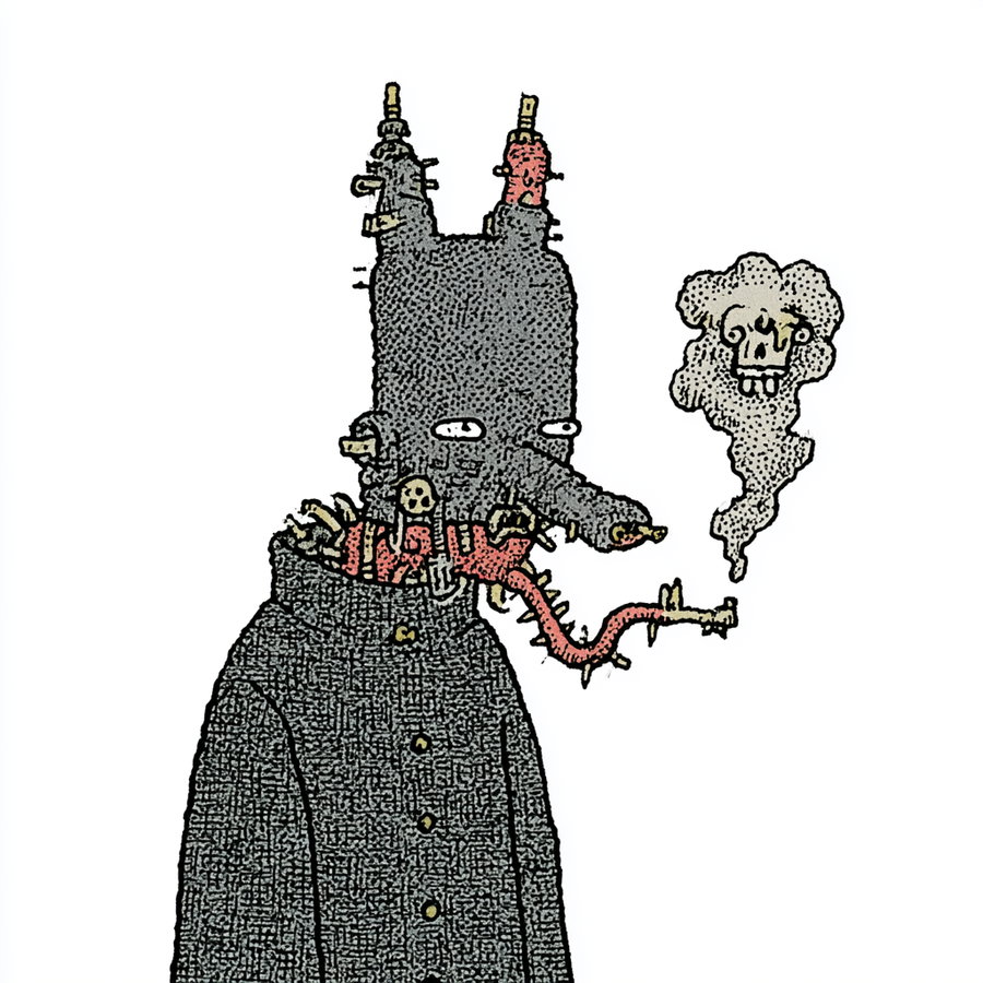 A surreal character design featuring a figure with a textured, dark outfit and a head resembling a mechanical animal with organic elements like a long tongue and a smoke cloud with a skull shape