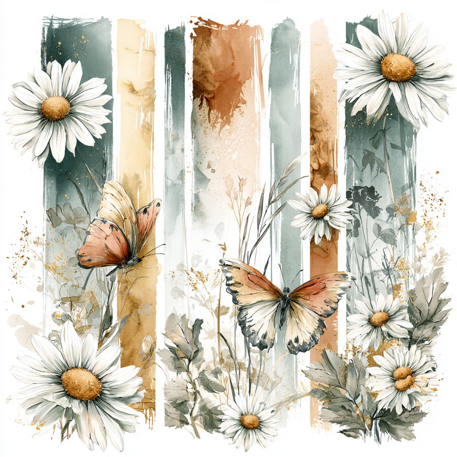 Watercolor painting featuring white daisies and orange butterflies with green and brown vertical stripes in the background
