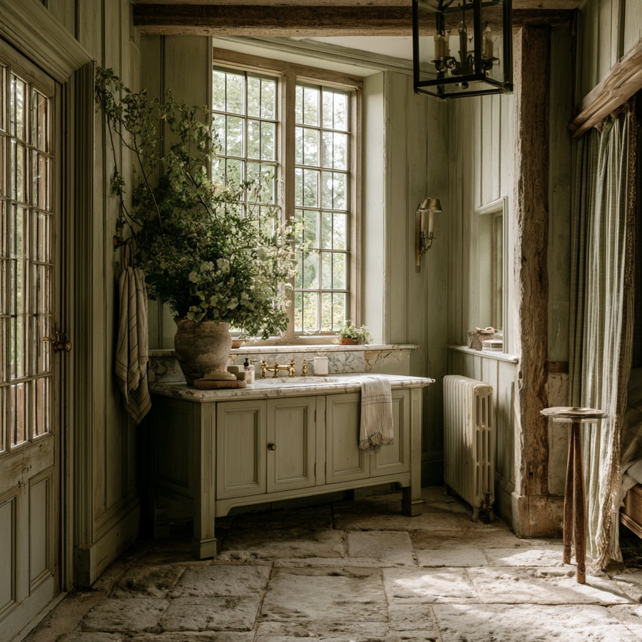 Cozy bathroom featuring a large window with multiple panes, a wooden vanity with marble top, stone floor, green painted walls, a large ceramic vase with greenery, and rustic wooden beams