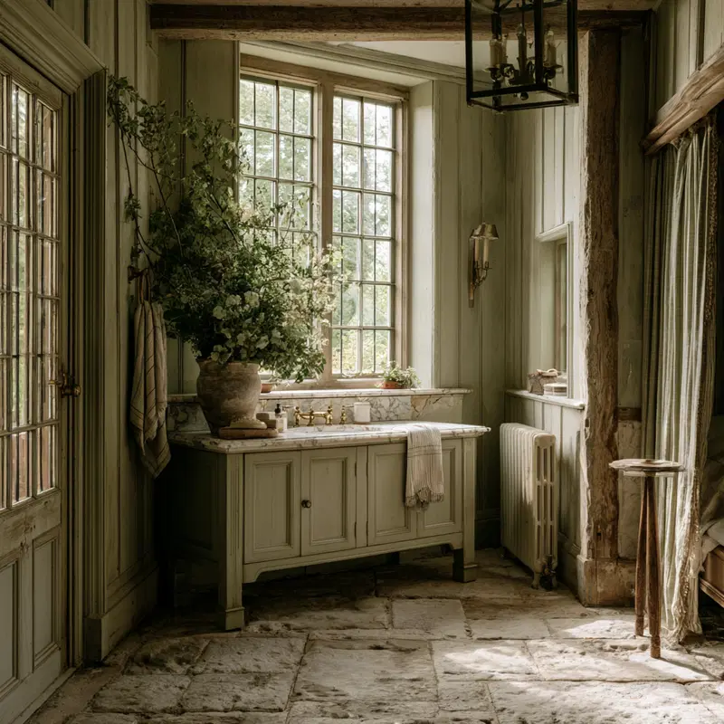 Rustic Bathroom Interior with Stone Floor and Large Window