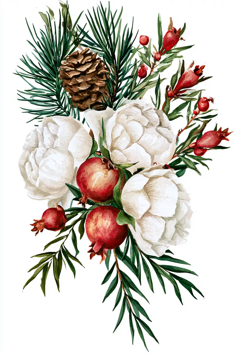 Detailed botanical illustration of white peonies with pinecone and pomegranates