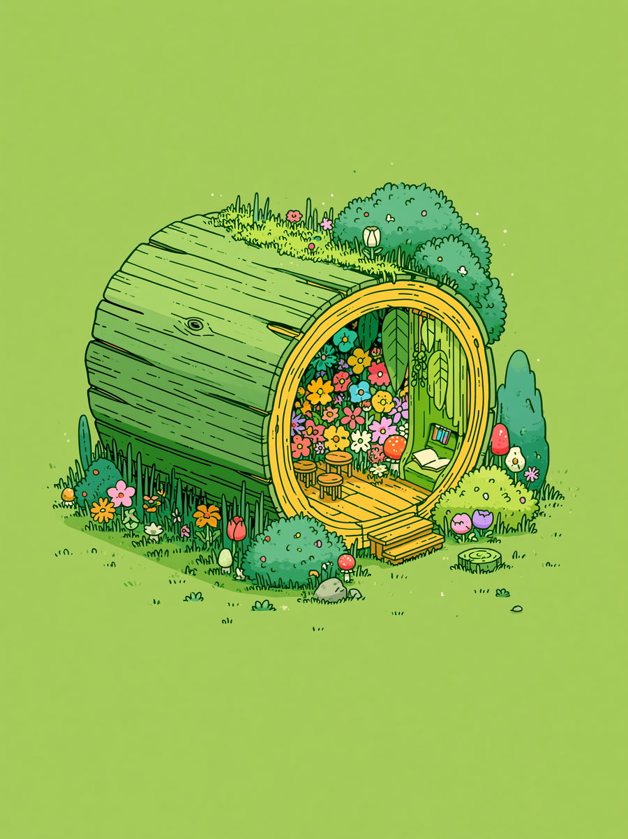 Illustration of a small cozy house inside a hollow wooden log, featuring colorful flowers inside and around the entrance, small stools, a bed with books, and lush greenery on the roof and surrounding area