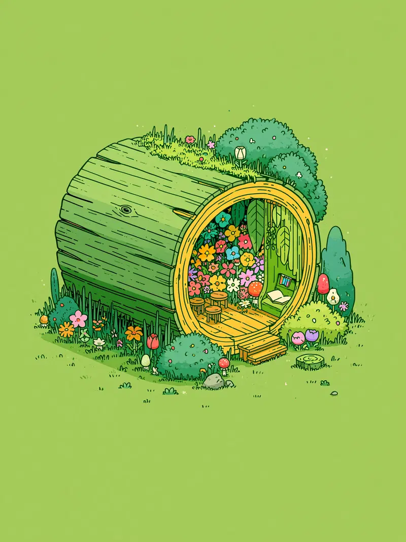 Cozy whimsical miniature house carved inside a large wooden log with floral decorations