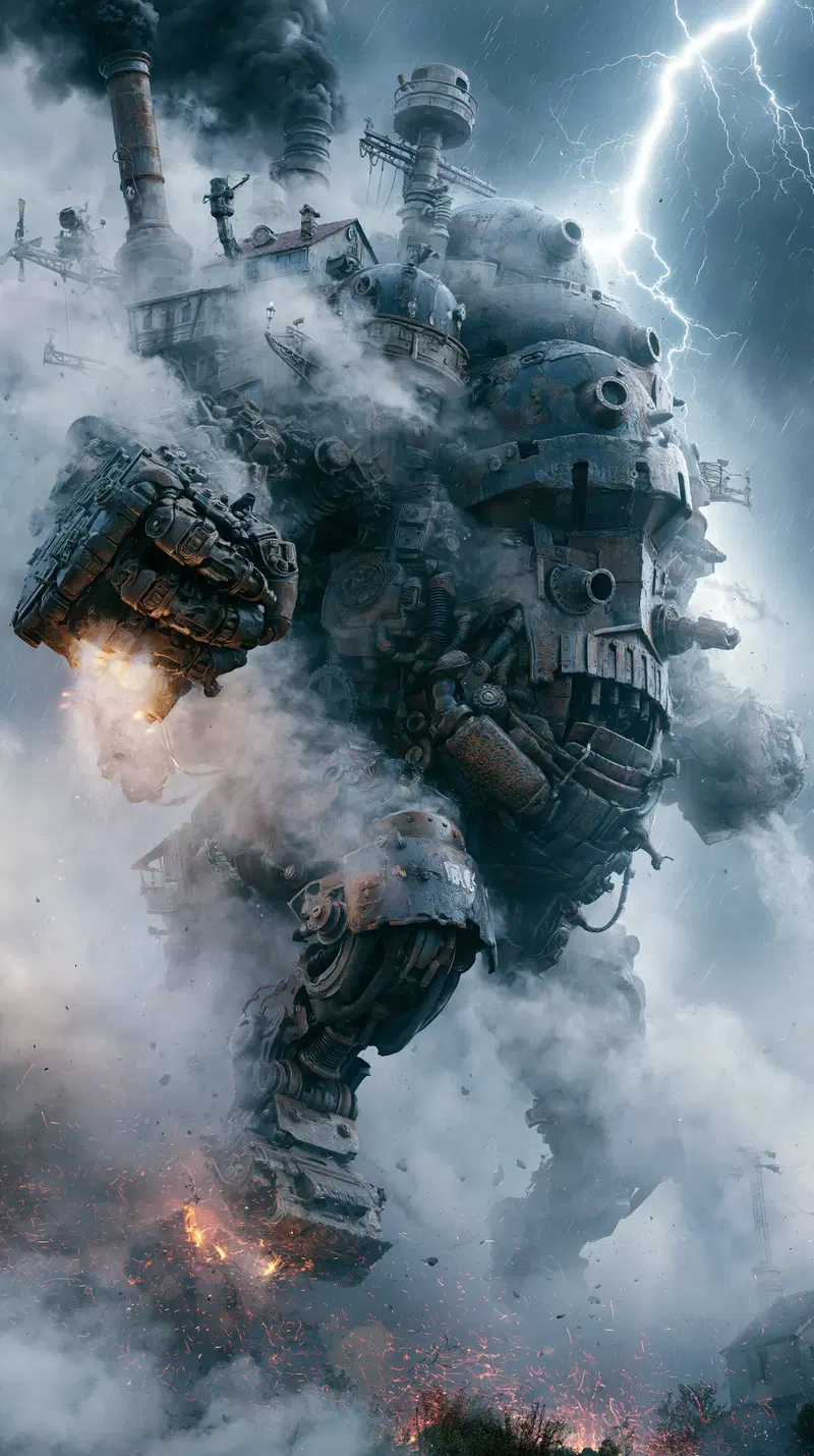 Epic steampunk mechanical giant walking through a storm with lightning and smoke
