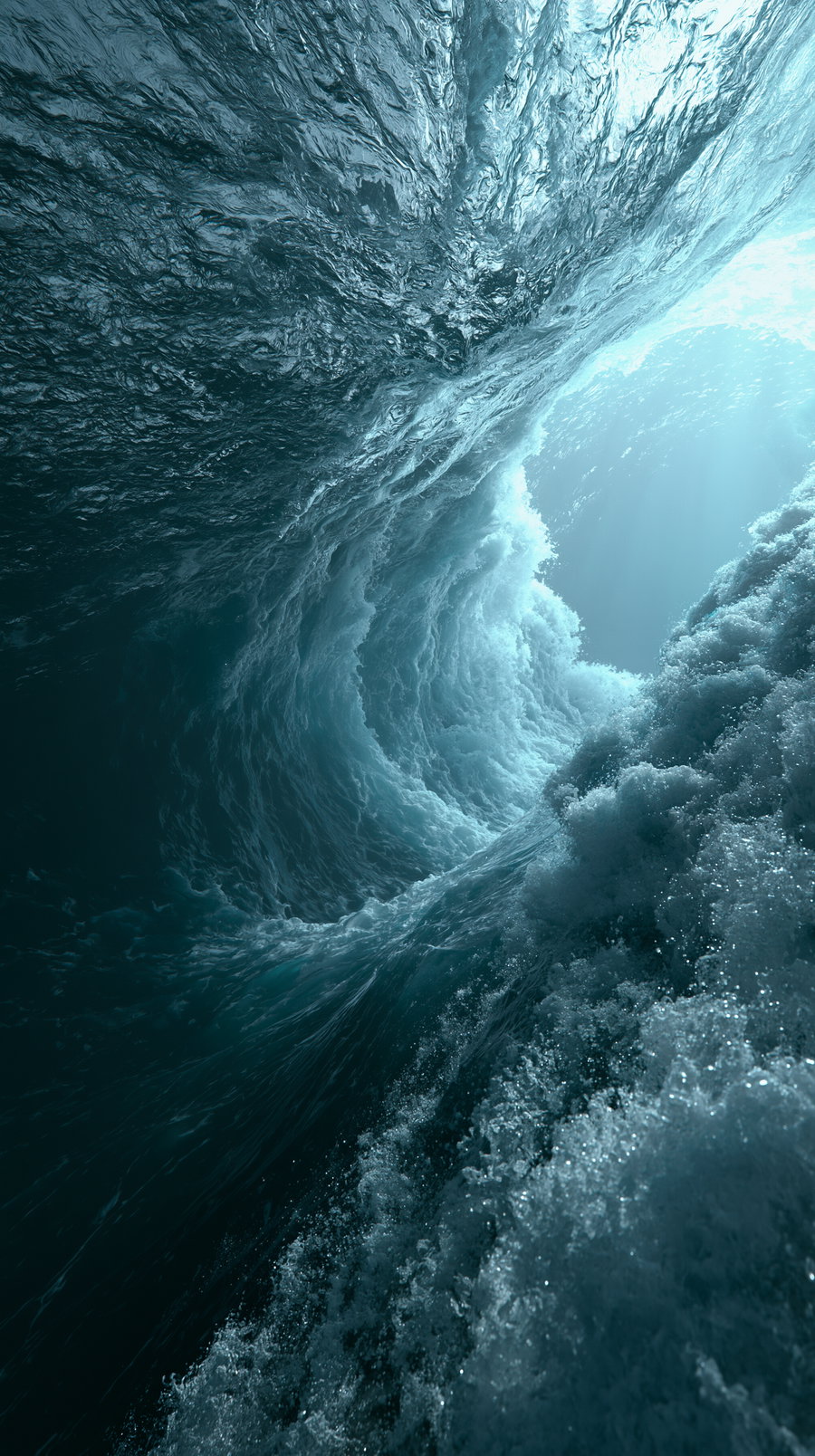 Underwater perspective of a large ocean wave curling and frothing with bright light filtering through the water