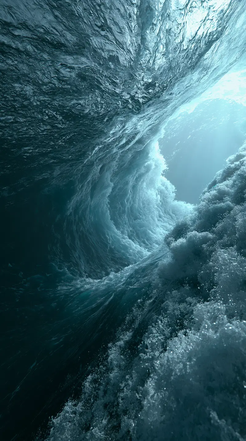 Dramatic close-up view of an ocean wave curling with light shining through