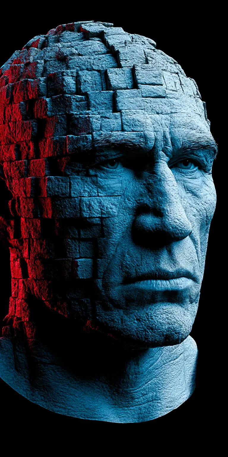 Detailed close-up of a blue digital sculpture with brick-like texture and red lighting effect