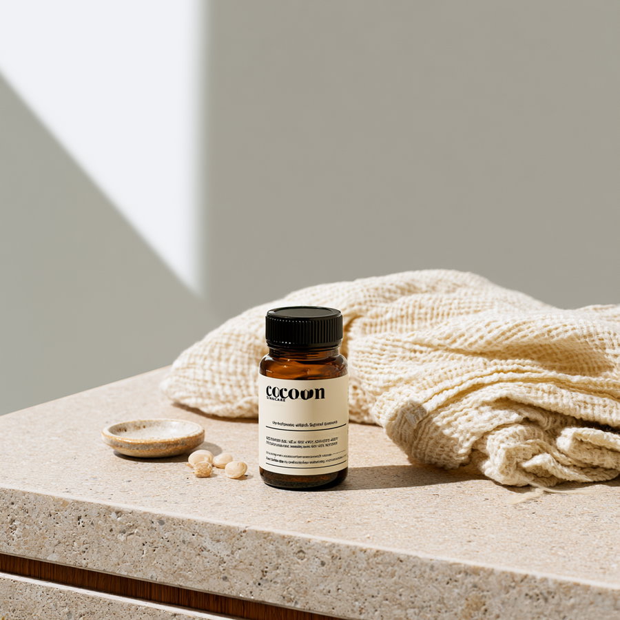 Amber glass bottle with black lid labeled cocoon, small beige dish with a few beige pills or seeds, and a folded cream-colored textured fabric on a stone tabletop with soft shadows